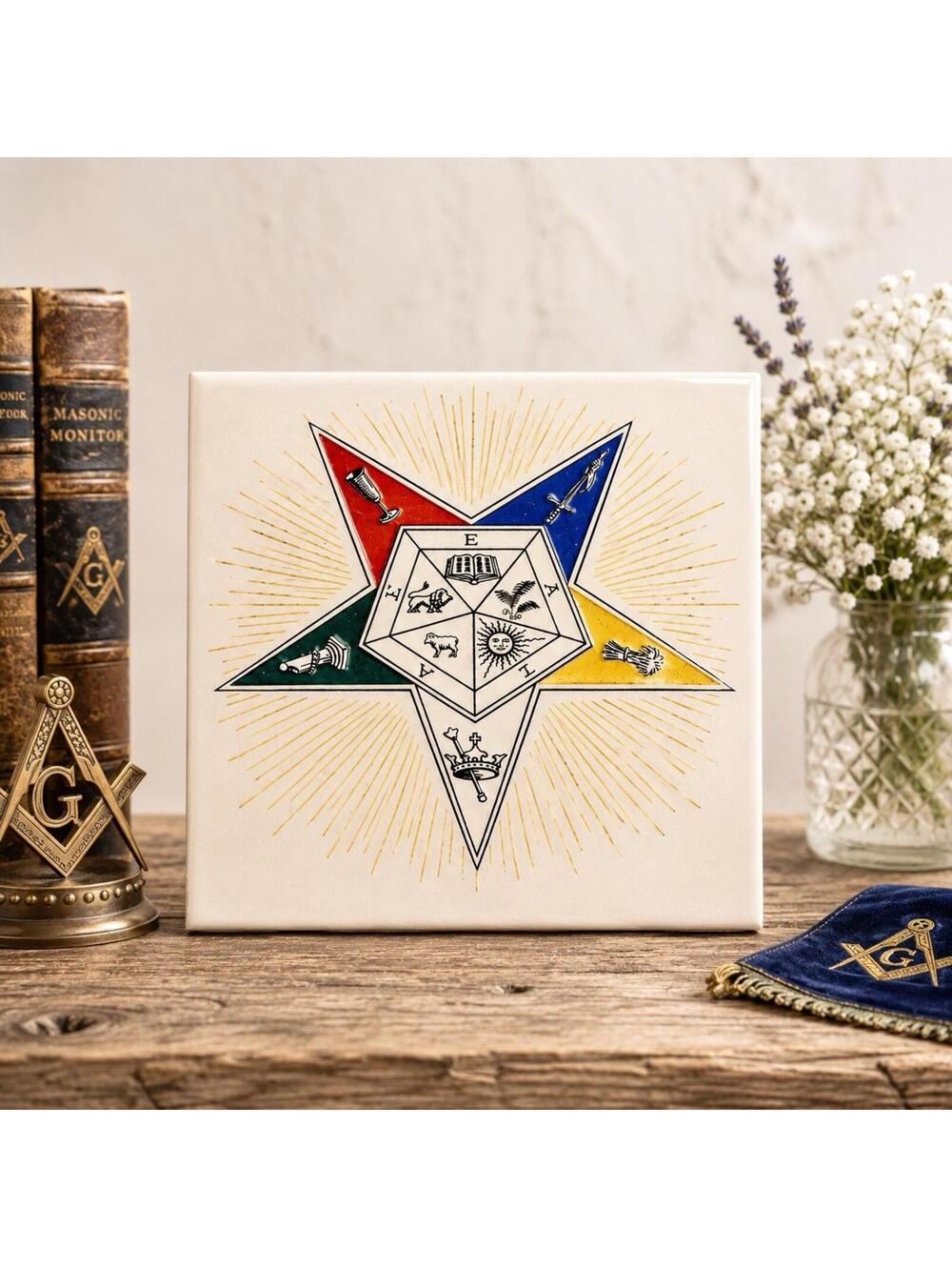 Vintage 1960s Order Of The Eastern Star OES Ceramic Tile Trivet Wall Hanging, 6”